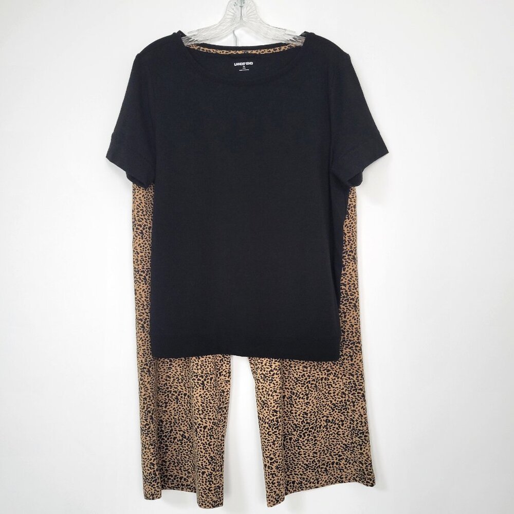 Lands' End Tshirt Leopard Print Wide Leg Cropped Pajama Set